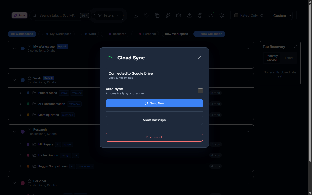 TabVault Pro cloud sync status showing real-time tab synchronization