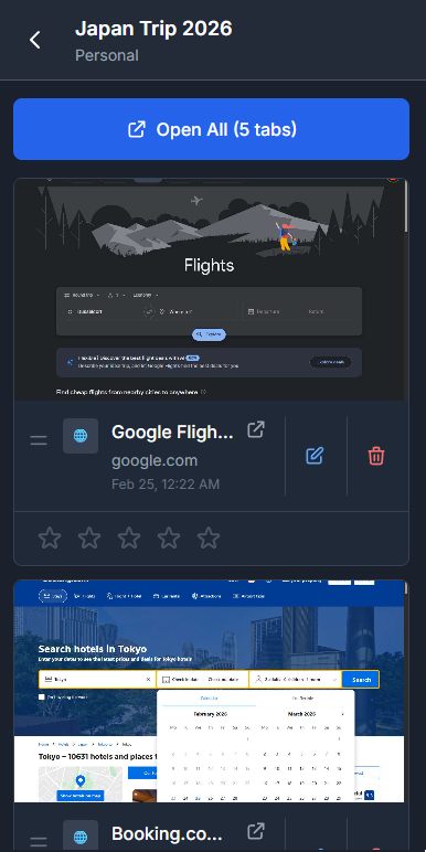 TabVault Pro mobile app showing collection details with saved tabs