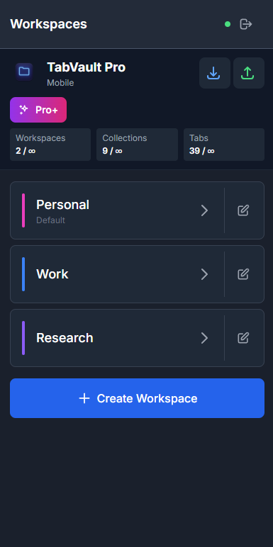 TabVault Pro mobile app showing workspaces list